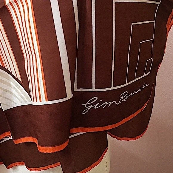 VTG 60 70 Jim Renoir Geometric Print Brown Burnt Orange Large Square scarf - Picture 6 of 16